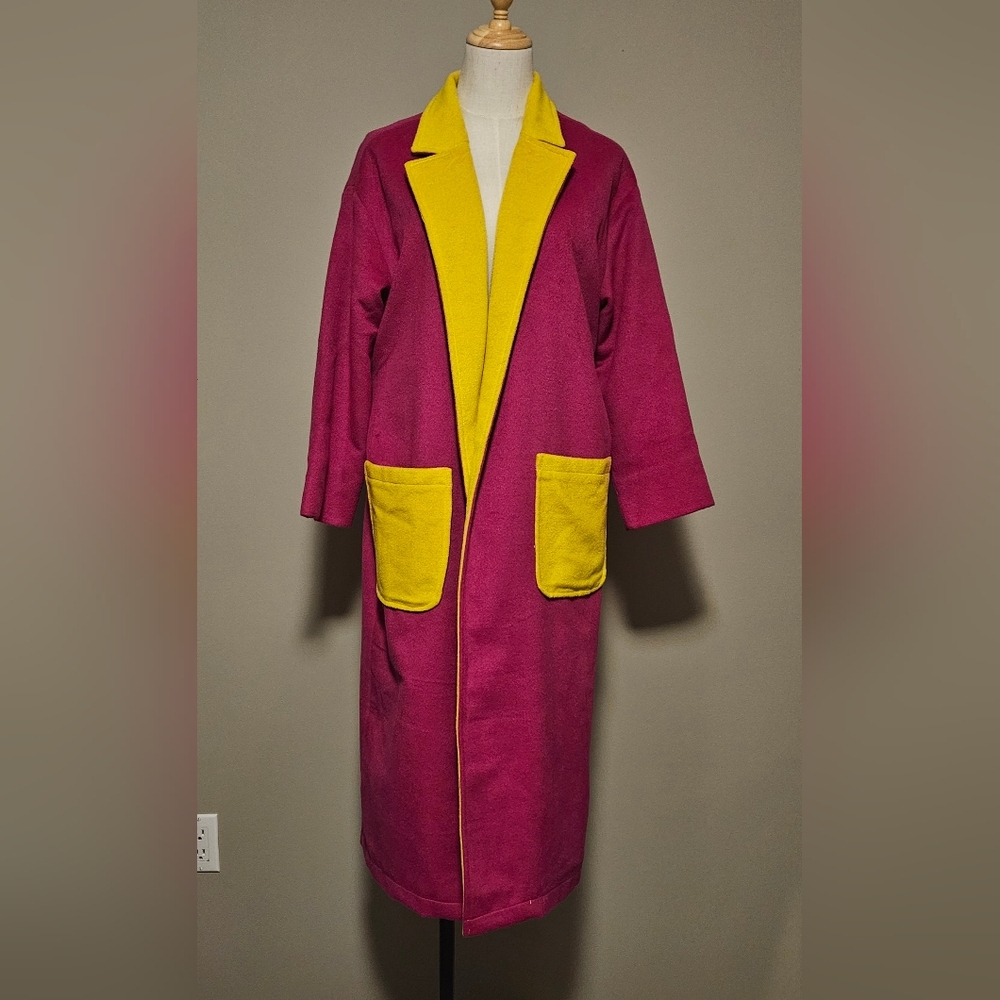 BURU Wool Blend‎ Long Open Car Coat: Fuchsia & Yellow